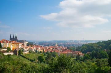 Fototapeta na wymiar Prague, Czech Republic - September 26, 2023 - View of the Prague skyline while climbing Petrin Tower.