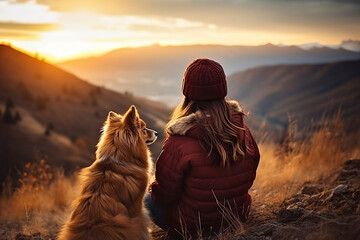 woman with border collie dog sitting on mountain top  landscape slow travel and freedom concept - obrazy, fototapety, plakaty