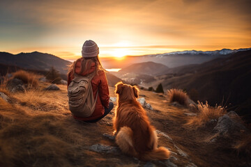 girl with a border collie dog in the mountains.  girl with a dog on top of  mountain enjoying the sunrise. Traveling with a pet. - obrazy, fototapety, plakaty