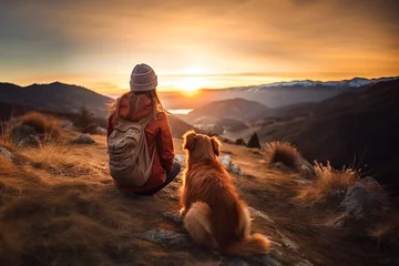  girl with a border collie dog in the mountains.  girl with a dog on top of  mountain enjoying the sunrise. Traveling with a pet. © olga