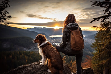  charming traveler girl and her border collie dog are enjoying the sunset in the mountains. Traveling alone - obrazy, fototapety, plakaty