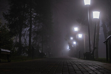 The city alley is dark on a foggy morning.