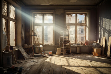 interior of an old abandoned building with a window and a wooden floor