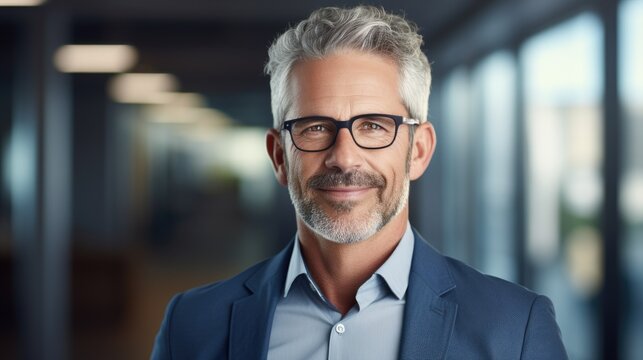 Happy Mid Aged Older Business Man Executive Standing In Office. Smiling 50 Year Old Mature Confident Professional Manager, Confident Businessman Investor Looking At Camera, Headshot Close Up Portrait