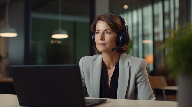 Happy professional mature female hr manager, smiling mature mid aged business woman in office wearing earbud looking at laptop computer having hybrid conference work meeting or remote job interview