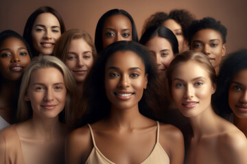 Obraz premium Group of diverse women with different skin colors. Multiethnic group.