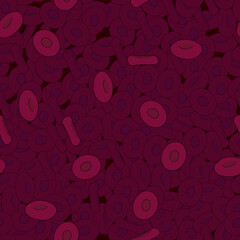 Vector flat blood cell seamless pattern illustration. Streaming realistic erythrocytes on dark red background.