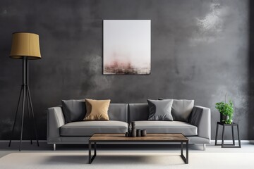a grey couch with pillows and a coffee table