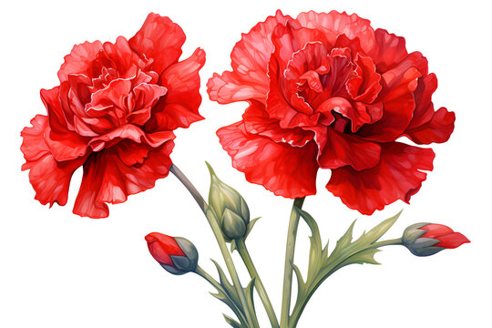 red carnation flower, clavel, hand-painted style on isolated background, transparent, national flower of spain