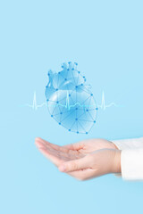 Cardiologist doctor check up heart organ with EKG hologram on blue background. Medical technology for diagnose heart disorder and disease of cardiovascular system. Cardiological concept. Vertical. - obrazy, fototapety, plakaty