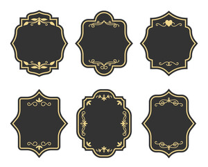 Black vintage label set. Golden pattern royal ornate frames. Luxury fashionable empty tags. Premium quality product package sticker template. Filigree ornamental borders flat frame for - obrazy, fototapety, plakaty
