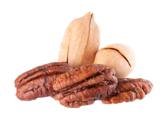 Pecan nuts isolated on white background. Shelled and unshelled pecan. Clipping path.