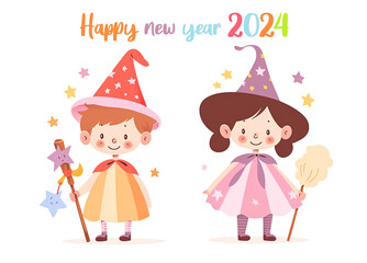 boy and girl wearing wizard costume with word Happy New Year 2024 isolated white background, Generative Ai