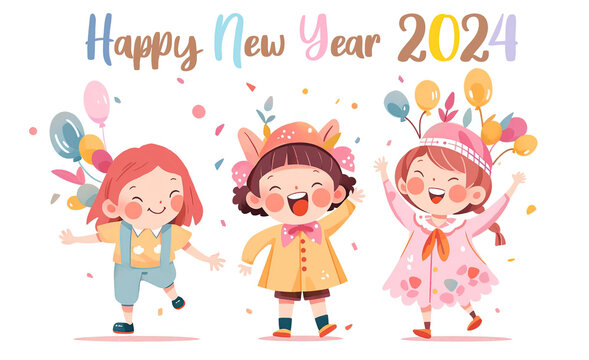 three girls party celebrate new year with word Happy New Year 2024 isolated white background, Generative Ai
