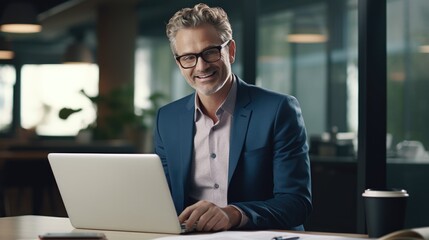 Smiling middle aged executive, mature male hr manager holding documents using laptop looking at pc computer in office at desk, checking financial data in report, doing account paper plan overview - obrazy, fototapety, plakaty