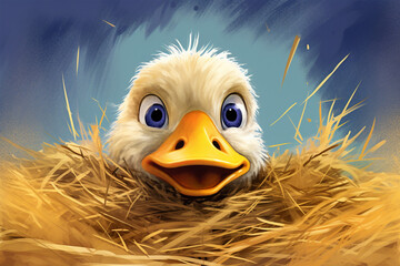 cartoon illustration of a duck in a grass nest - obrazy, fototapety, plakaty