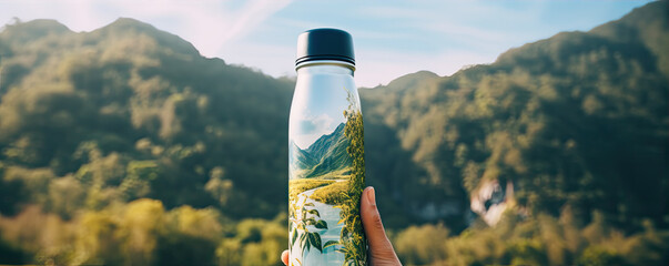 Reusable thermos in hand against forest mountains. thermo water bottle in hiking time. - obrazy, fototapety, plakaty