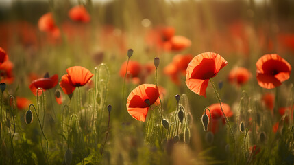 Red poppy meadow sunny weather photography 
