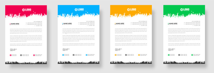 Grunge watercolor paint brush strokes texture effect corporate business letterhead design template set with red, blue, green and yellow color.