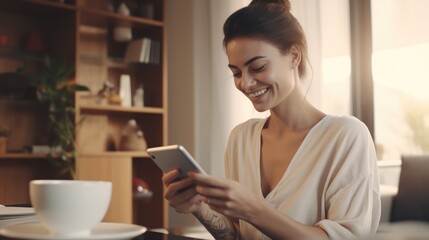 Fototapeta premium Young smiling pretty woman holding smartphone technology drinking tea or coffee relaxing at home. Happy positive lady enjoying using mobile cell phone having fun while buying in ecommerce shop