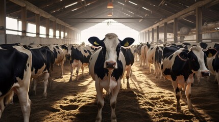 A herd of cows on a dairy farm in a light wooden stall
