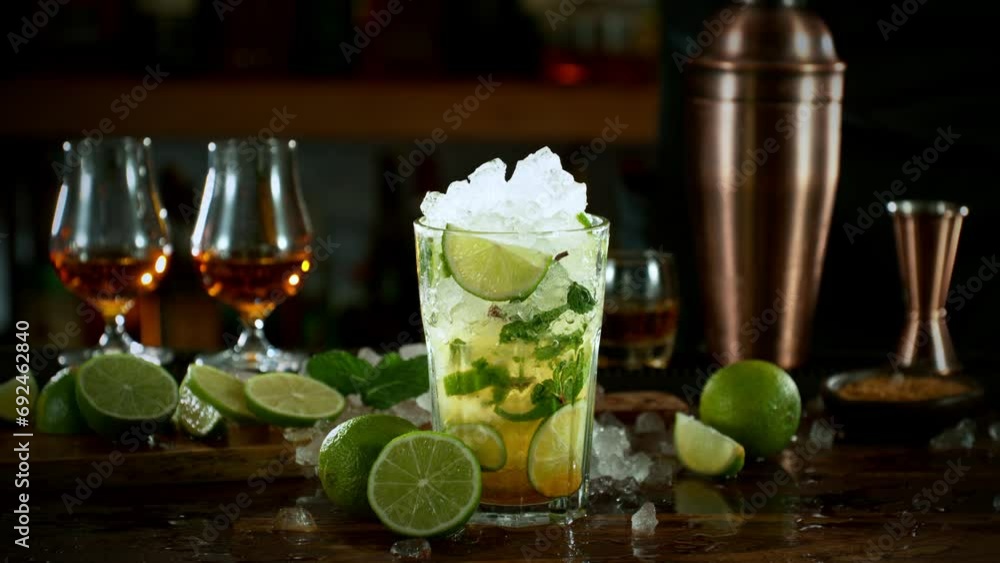 Aufkleber super slow motion of preparing mojito drink with speed motion. filmed on high speed cinema camera, 1