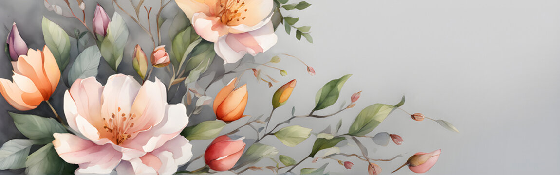 Watercolor banner with spring flowers