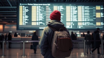 Back view of a man in front of an information board at the airport. He is waiting for the boarding announcement for his flight