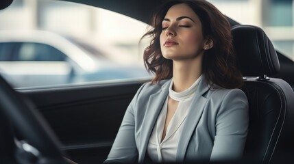 Burnout and overwork concept a young businesswoman meditating while sitting in her car during a coffee break - obrazy, fototapety, plakaty