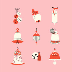 Christmas bells set vector. New year flat cartoon decoration bows. Holiday campane collection. Winter elements illustration