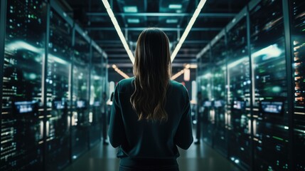 Collection and storage of large amounts of data. A young woman stands in a server room with a tablet PC, controls the smooth operation of all servers