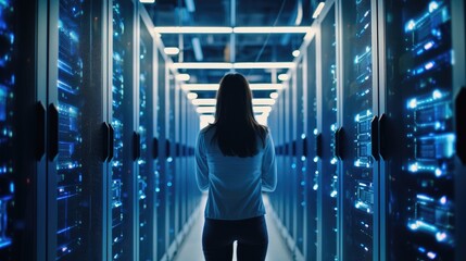 Collection and storage of large amounts of data. A young woman stands in a server room with a tablet PC, controls the smooth operation of all servers
