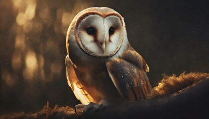 Wild barn owl looking at front, portrait in nature with a forest with dark background