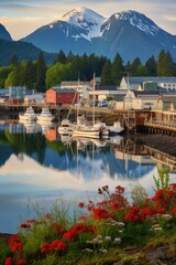 Fototapeta na wymiar Sitka, Alaska: A Tranquil Village with Breathtaking Landscape, Picturesque Mountain Views and a Serene Harbour