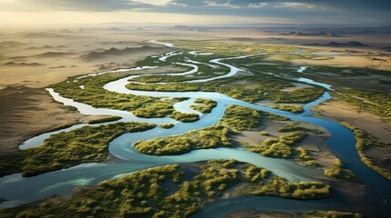 desert delta oases landscape illustration oasis river, trees sand, dunes arid desert delta oases landscape