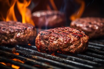 a group of burgers cooking on a grill