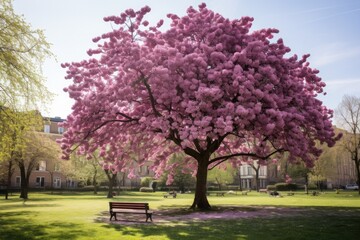 Spring Landscape in Urban Park with Judas Tree Blossom against Sky