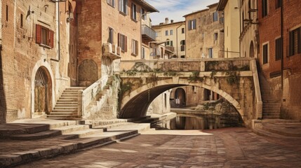 Fototapeta na wymiar Exploring Perugia's Charm: A Stroll Down Via dell'Acquedotto's Pedestrian Bridge and Historical Alleyways of Umbria's Old Architectural Arch and Aqueduct