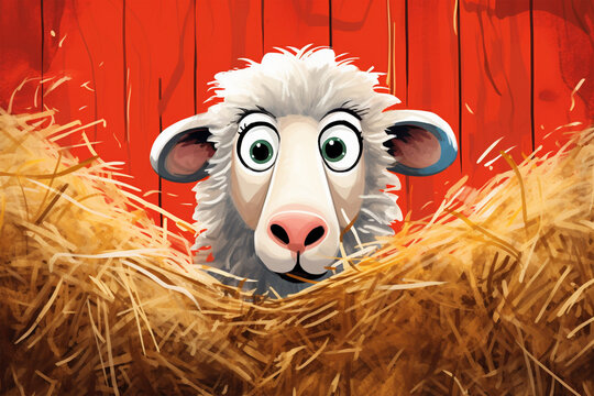 cartoon illustration of a sheep in a grass nest