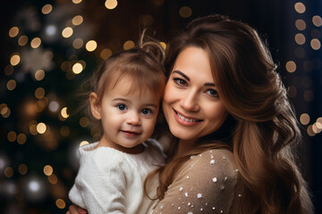 Obraz na płótnie Canvas Generative AI happy child with mother preparing for christmas night together