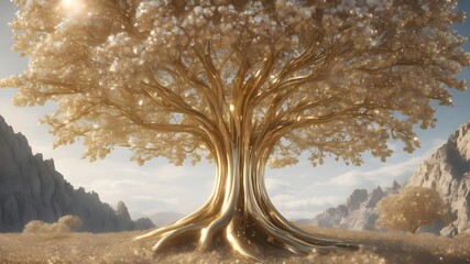 Tree Made of Gold and Diamonds in Heaven background - obrazy, fototapety, plakaty