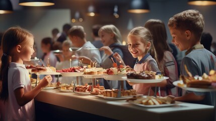 Elementary students at buffet line, enjoying variety of food options