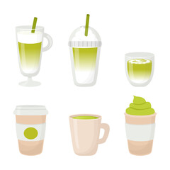 Matcha latte. Set of matcha drinks, iced, mug, take away cup in flat style. 
