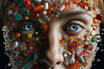AI generated surreal picture of woman surrounded colorful pills drugs apothecary pharmacy concept