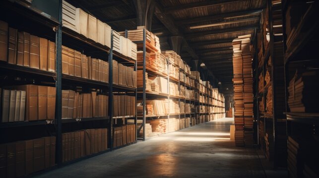 Large warehouse of archival documents. Shelves full of files in an old archive