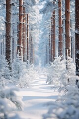 Fototapeta premium Tall pine trees stand covered in snow, with the early morning light casting a soft glow over the tranquil forest landscape