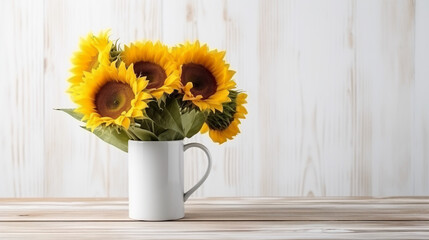 a white coffee mug standing  with a bouquet of three sunflowers on a wooden table