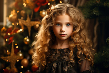 Fototapeta premium AI generated image of adorable girl on new year night christmas tree lights at the background