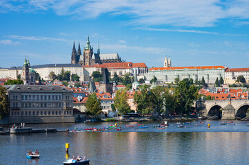 Prague, Czech Republic - September 28, 2023 - View of Charles Bridge and Prague Old Town.