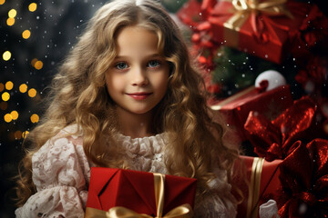 Fototapeta na wymiar Generative AI picture image of adorable elegant glamour girl hold new year gift box